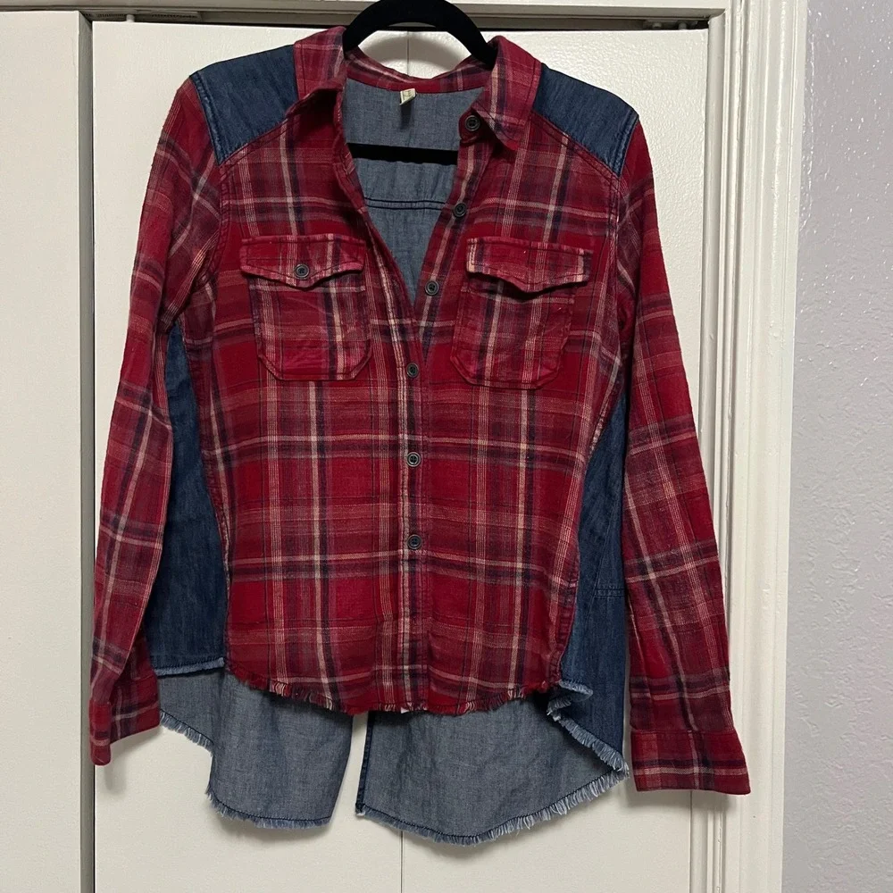 Free People Red Plaid Denim Mix Button Down Shirt Womens‎ XS Flannel Tunic